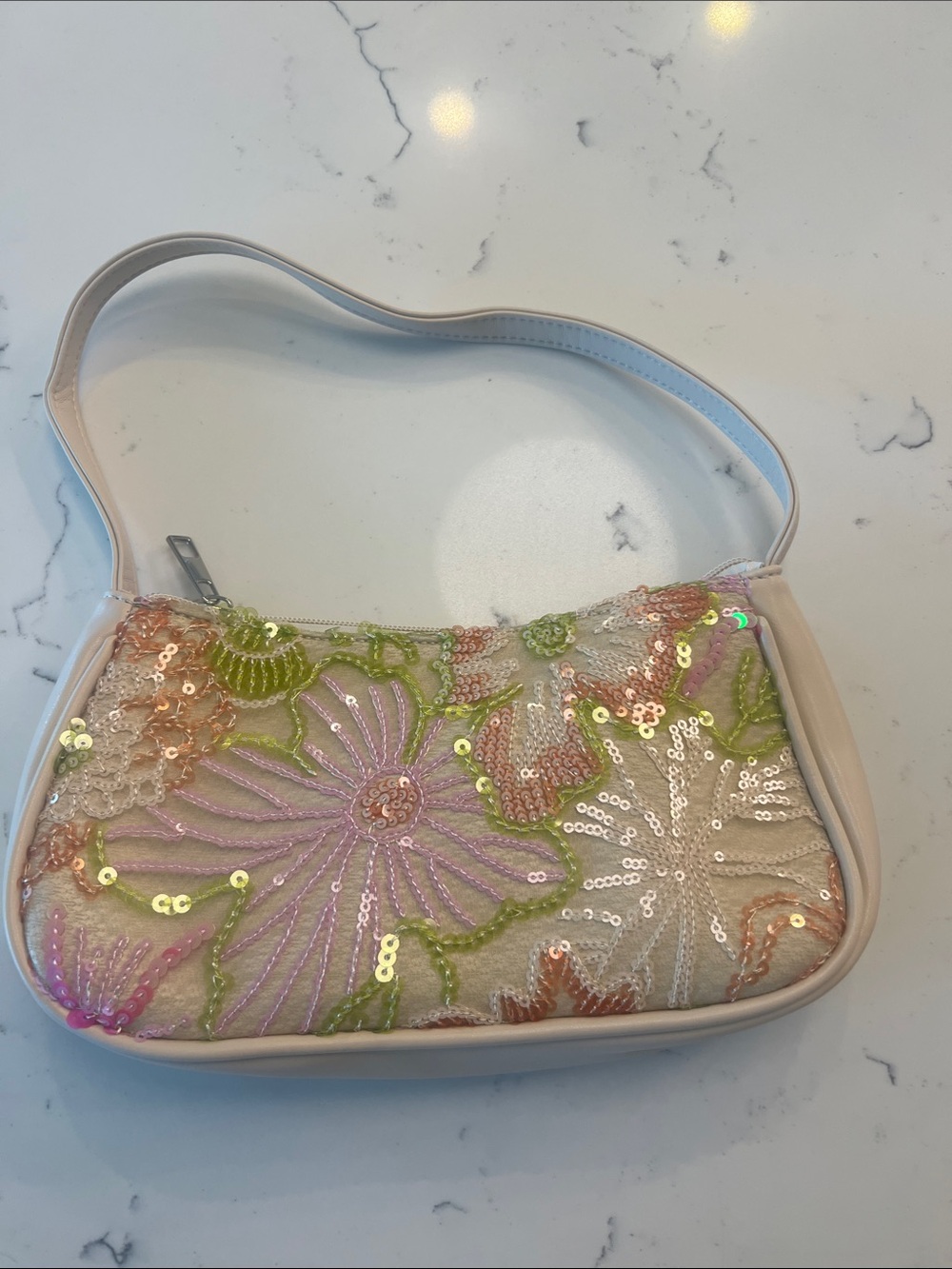 Embroidered Sequin Floral Mini Shoulder Bag - Cream